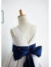 Ivory And Navy Blue Cotton V Back Flower Girl Dress